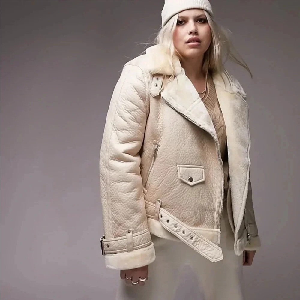 Topshop Faux Shearling Aviator Leather Moto Jacket